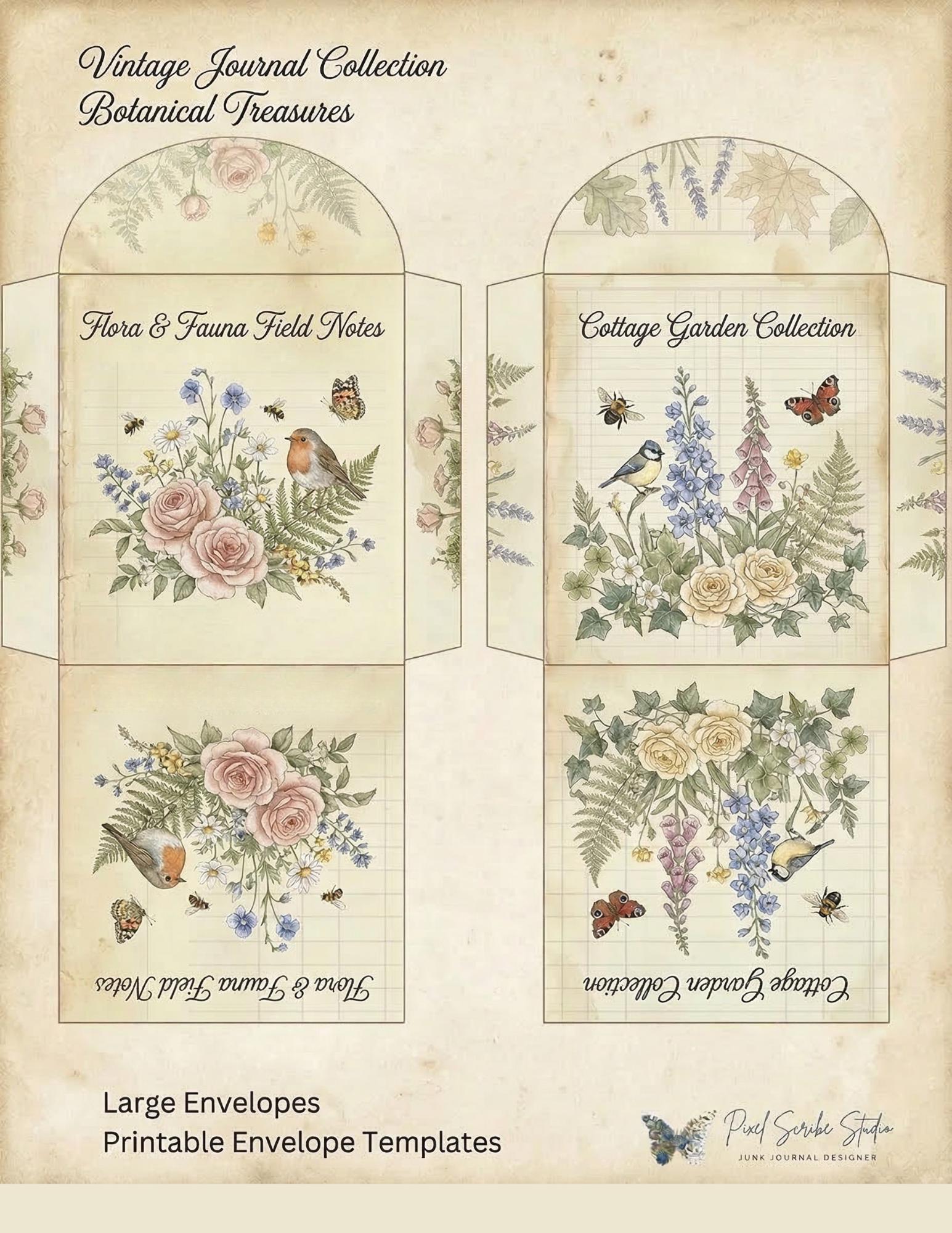 Botanical Tea Envelope Printable Set, Birds and Blooms Junk Journal Kit, Vintage Envelope Templates, Cottagecore Ephemera Download
