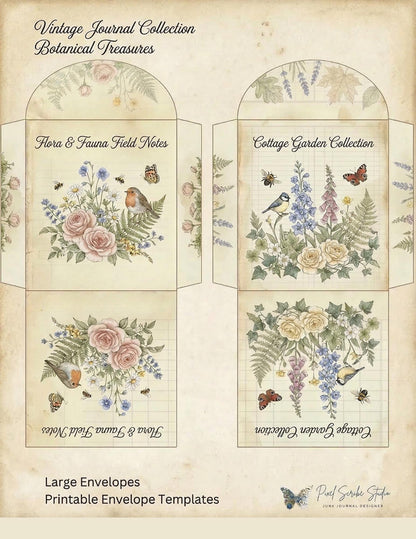Botanical Tea Envelope Printable Set, Birds and Blooms Junk Journal Kit, Vintage Envelope Templates, Cottagecore Ephemera Download