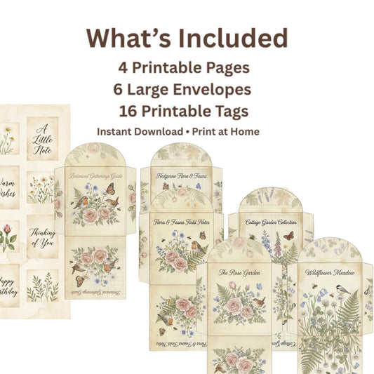 Botanical Tea Envelope Printable Set, Birds and Blooms Junk Journal Kit, Vintage Envelope Templates, Cottagecore Ephemera Download