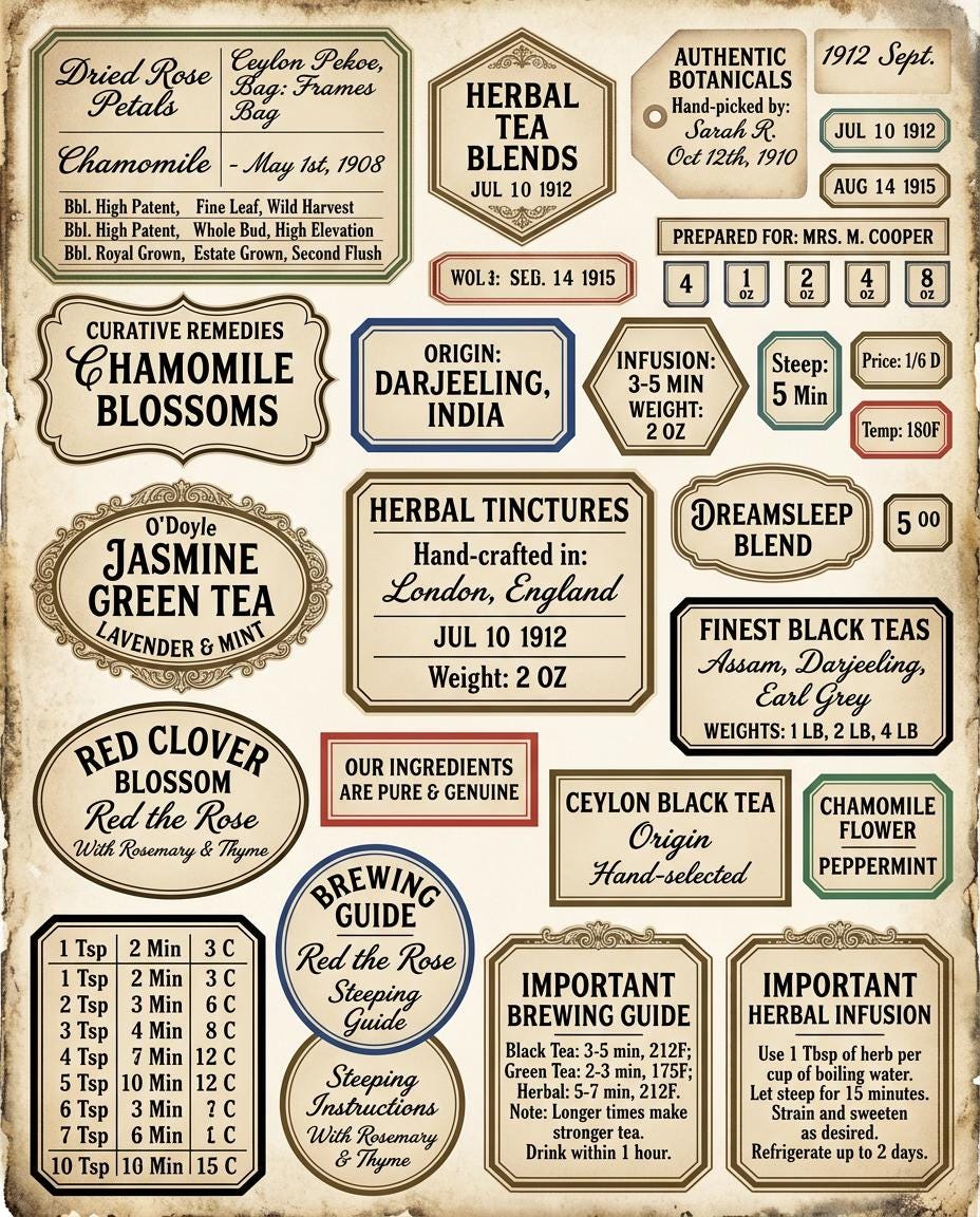 Vintage Tea Labels Printable – Tea Merchant Ephemera Kit – Herbal Blends, Loose Leaf Tags, Junk Journal, Scrapbook – 6 Sheets