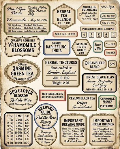 Vintage Tea Labels Printable – Tea Merchant Ephemera Kit – Herbal Blends, Loose Leaf Tags, Junk Journal, Scrapbook – 6 Sheets