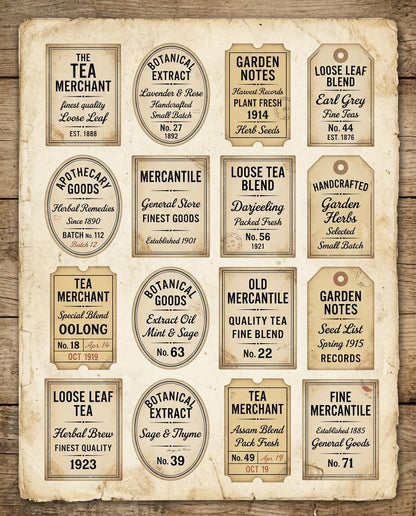 Vintage Tea Labels Printable – Tea Merchant Ephemera Kit – Herbal Blends, Loose Leaf Tags, Junk Journal, Scrapbook – 6 Sheets