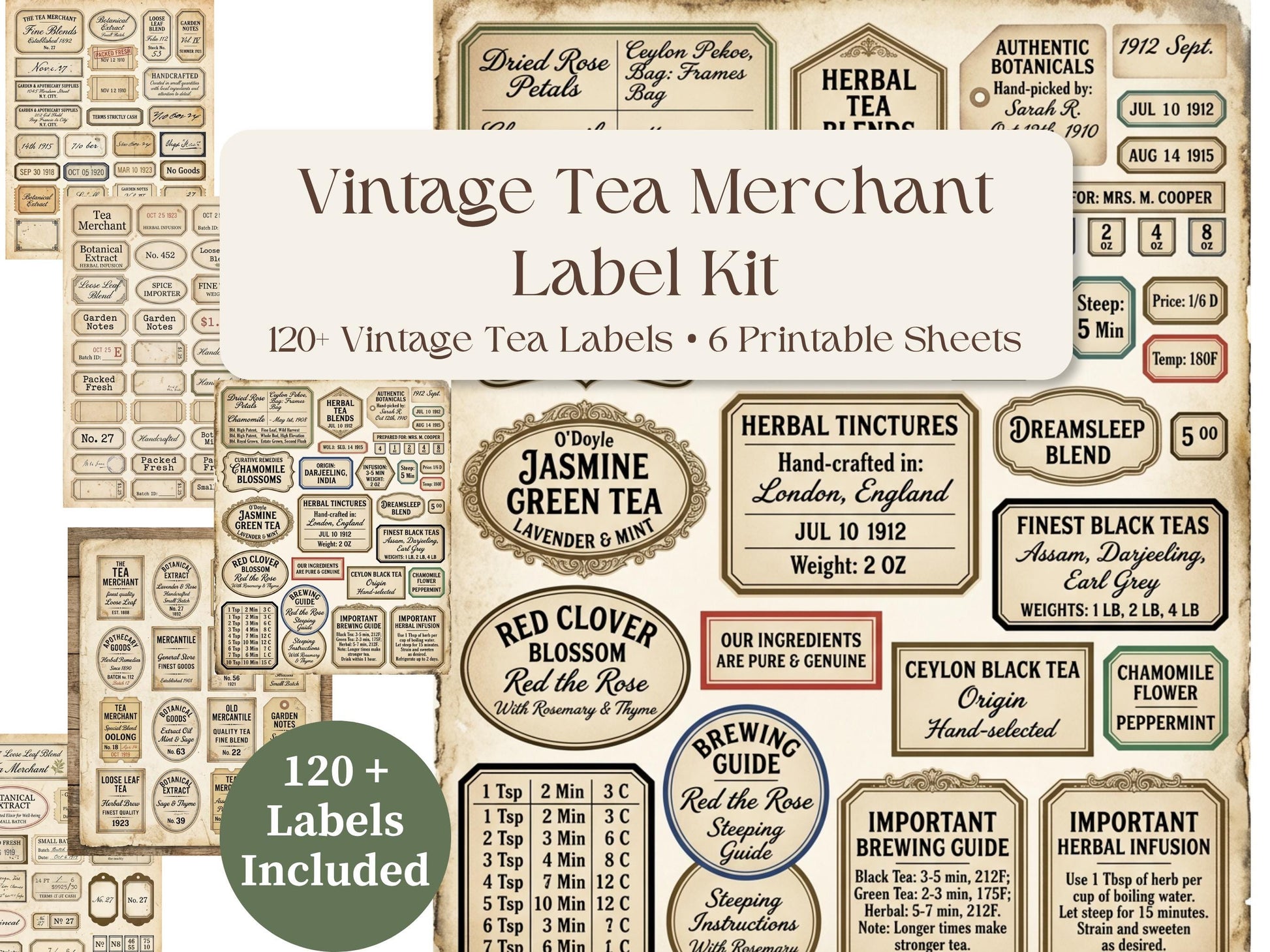 Vintage Tea Labels Printable – Tea Merchant Ephemera Kit – Herbal Blends, Loose Leaf Tags, Junk Journal, Scrapbook – 6 Sheets