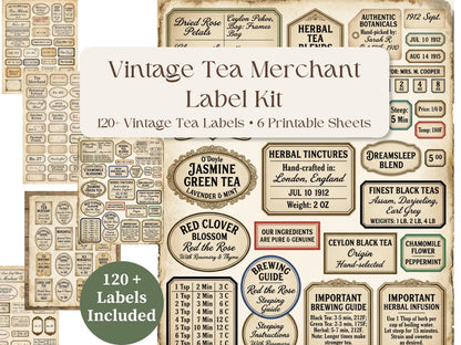 Vintage Tea Labels Printable – Tea Merchant Ephemera Kit – Herbal Blends, Loose Leaf Tags, Junk Journal, Scrapbook – 6 Sheets