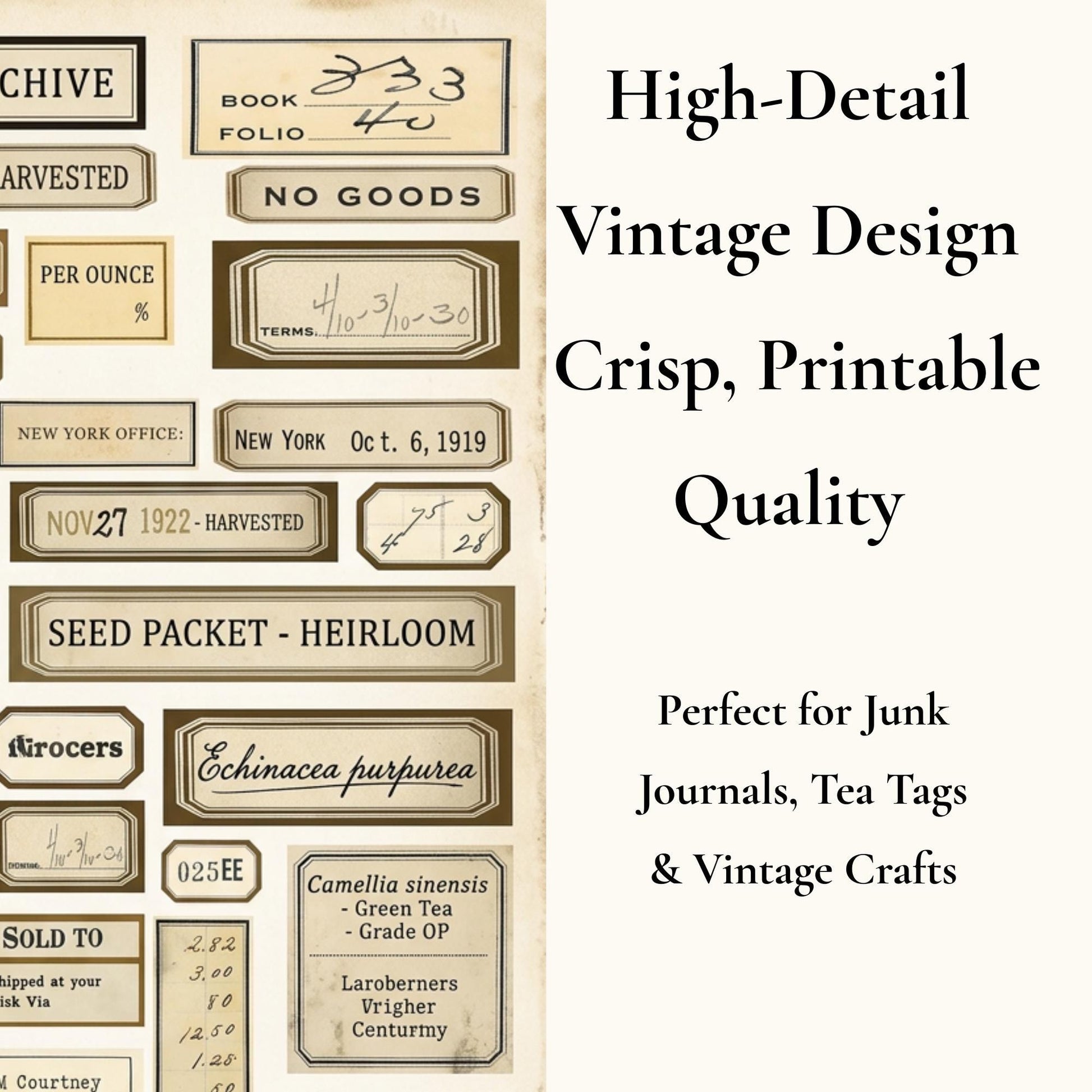 Vintage Apothecary Labels Printable Kit, Botanical Ephemera, Junk Journal Labels, Herbal Tags, Scrapbook Supplies, 6 Pages, 120+ Labels
