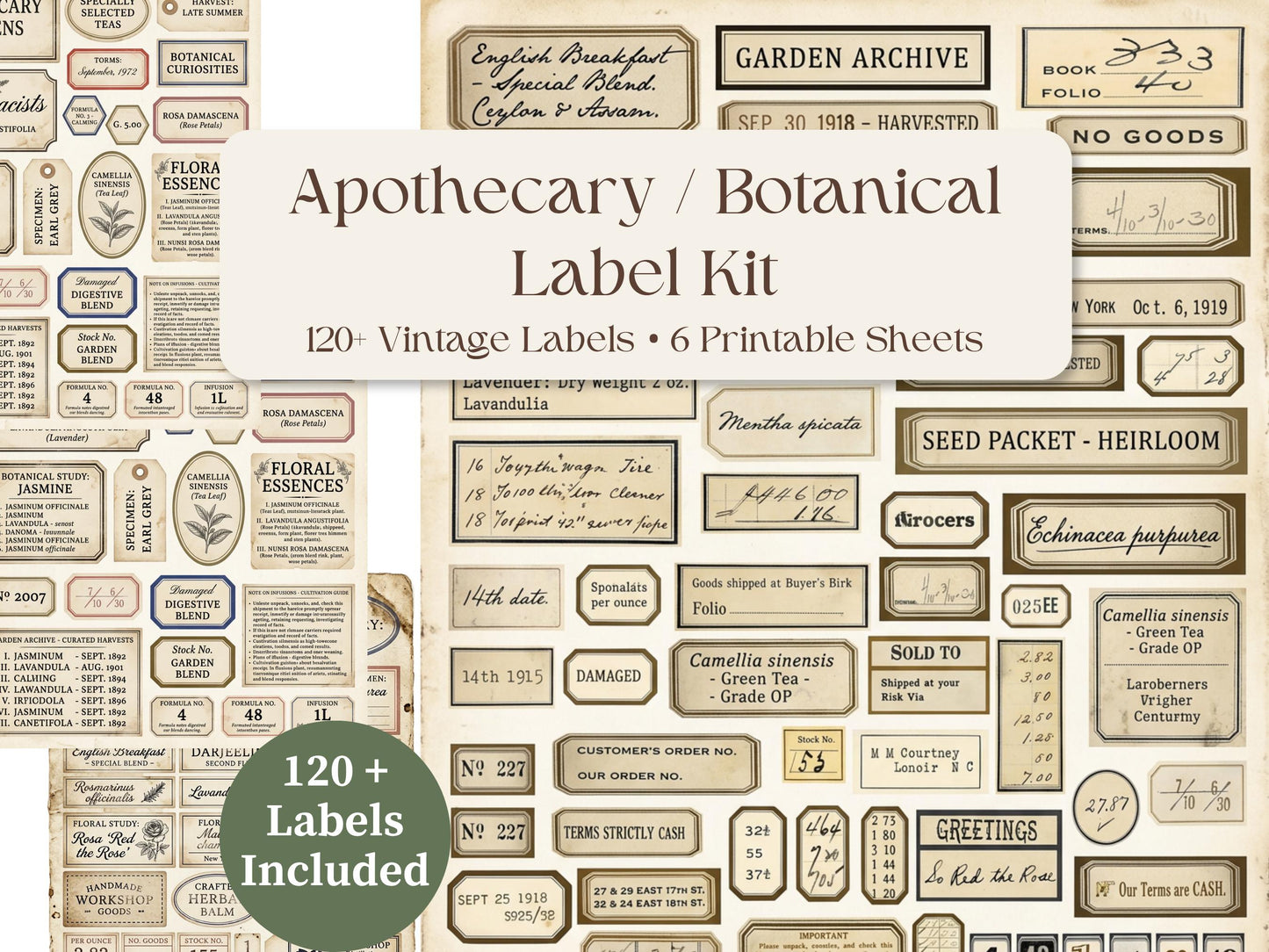 Vintage Apothecary Labels Printable Kit, Botanical Ephemera, Junk Journal Labels, Herbal Tags, Scrapbook Supplies, 6 Pages, 120+ Labels