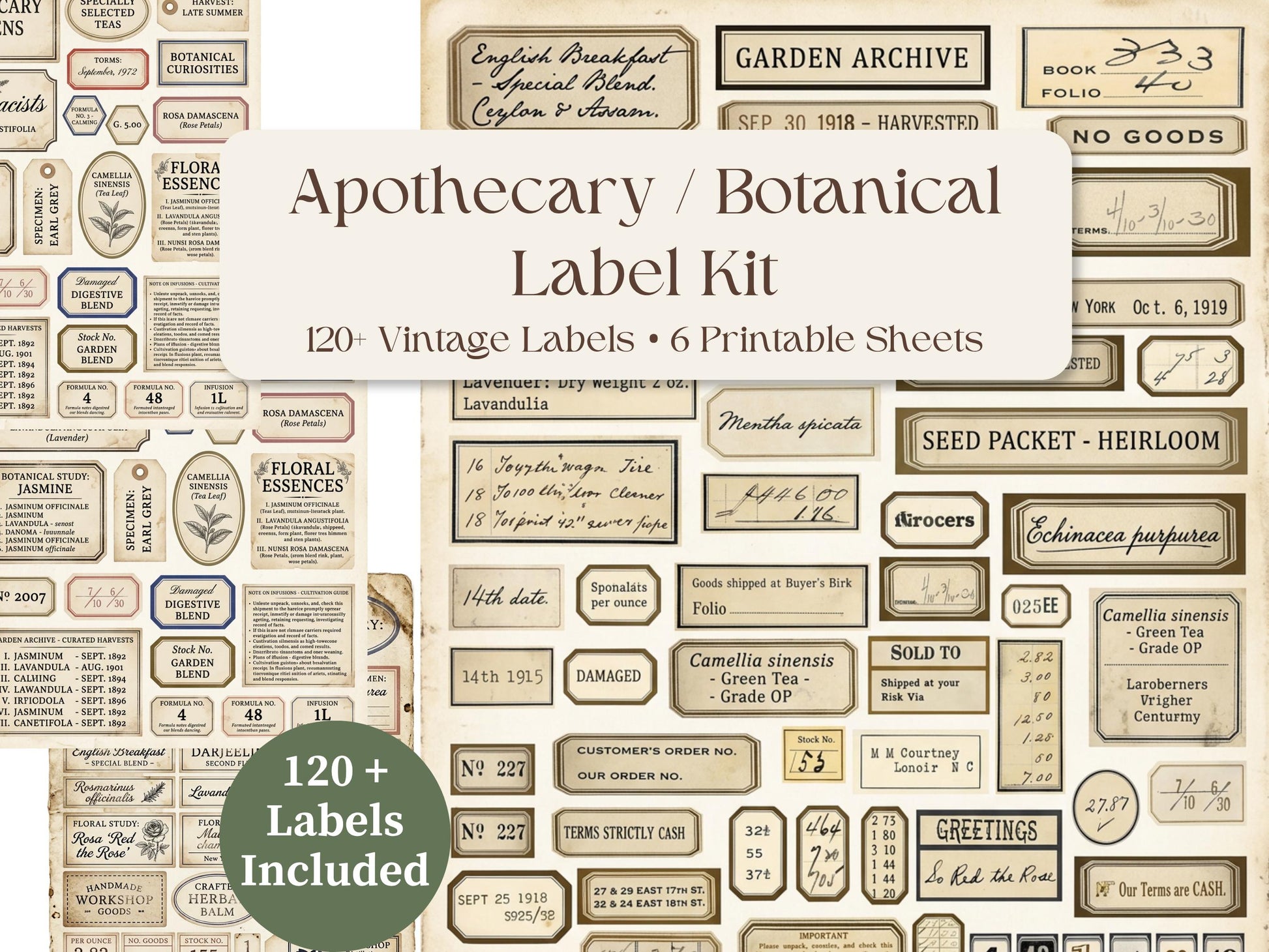 Vintage Apothecary Labels Printable Kit, Botanical Ephemera, Junk Journal Labels, Herbal Tags, Scrapbook Supplies, 6 Pages, 120+ Labels