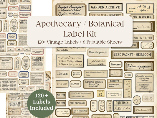 Vintage Apothecary Labels Printable Kit, Botanical Ephemera, Junk Journal Labels, Herbal Tags, Scrapbook Supplies, 6 Pages, 120+ Labels