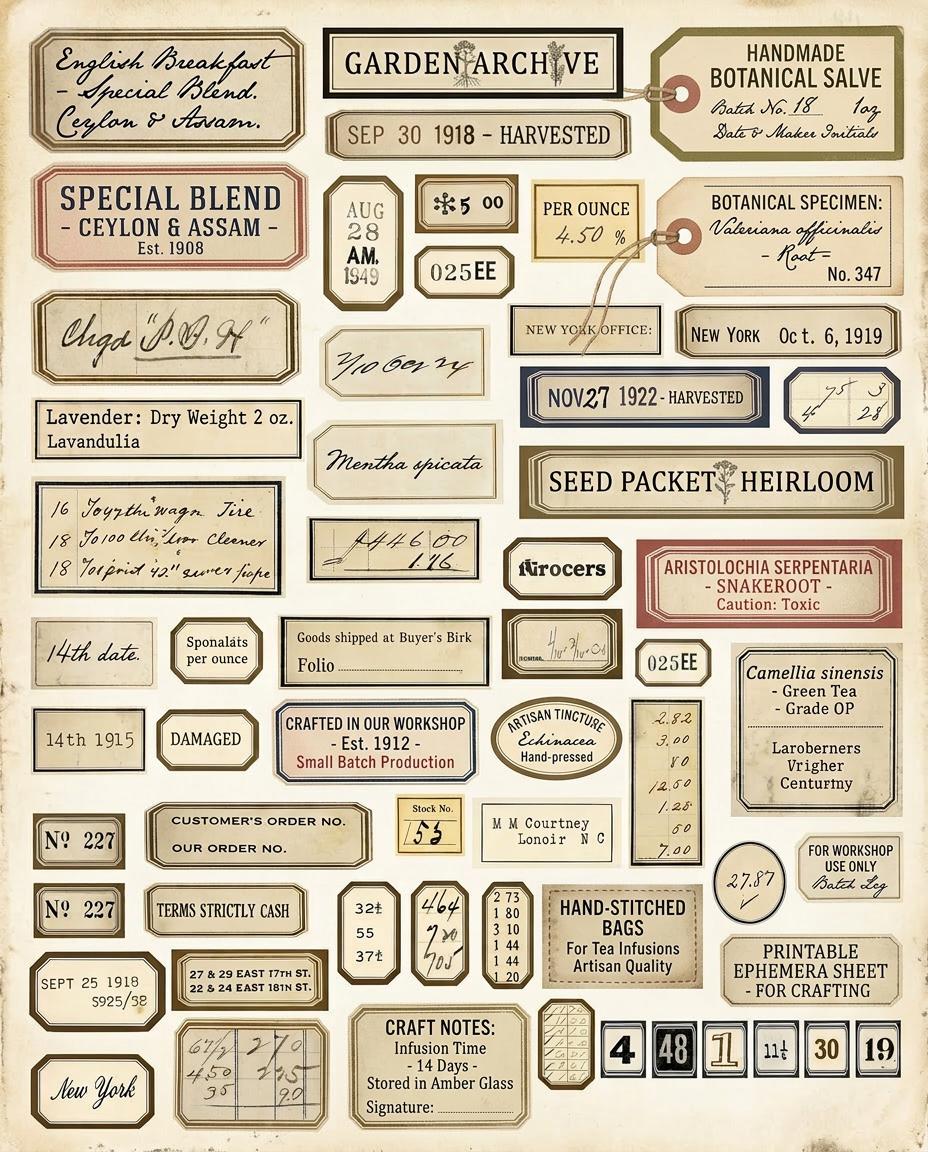 Vintage Apothecary Labels Printable Kit, Botanical Ephemera, Junk Journal Labels, Herbal Tags, Scrapbook Supplies, 6 Pages, 120+ Labels