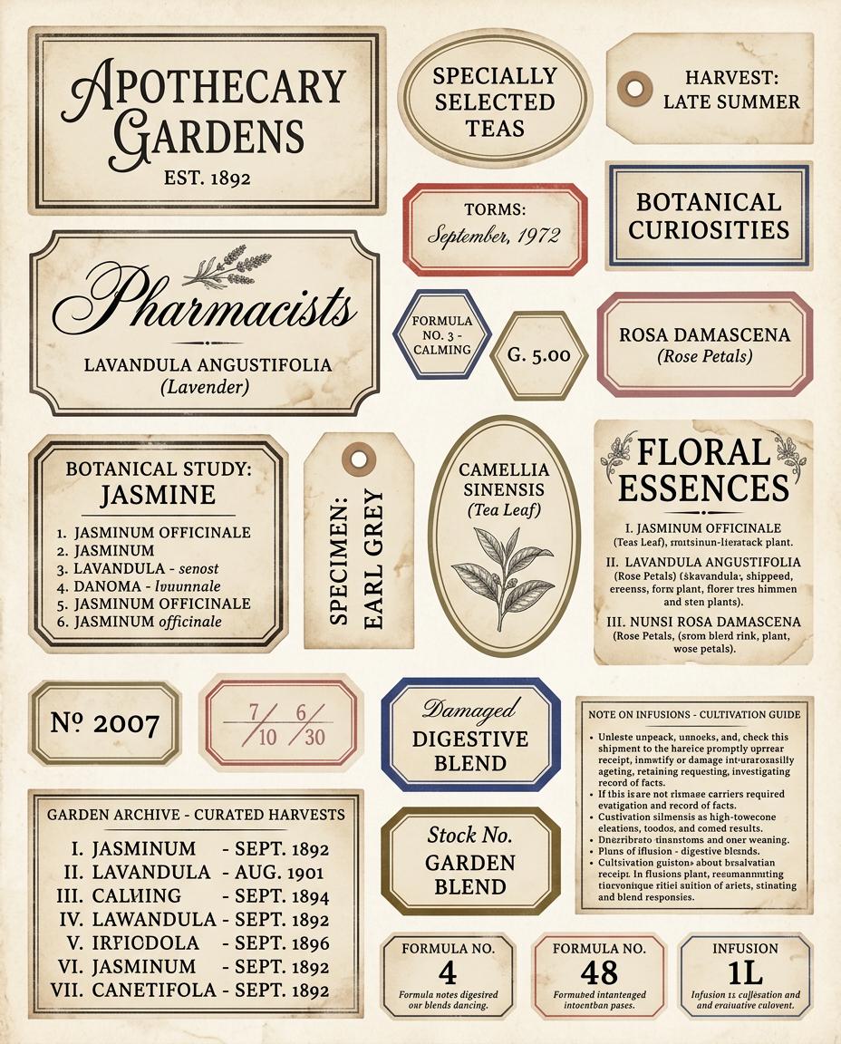 Vintage Apothecary Labels Printable Kit, Botanical Ephemera, Junk Journal Labels, Herbal Tags, Scrapbook Supplies, 6 Pages, 120+ Labels
