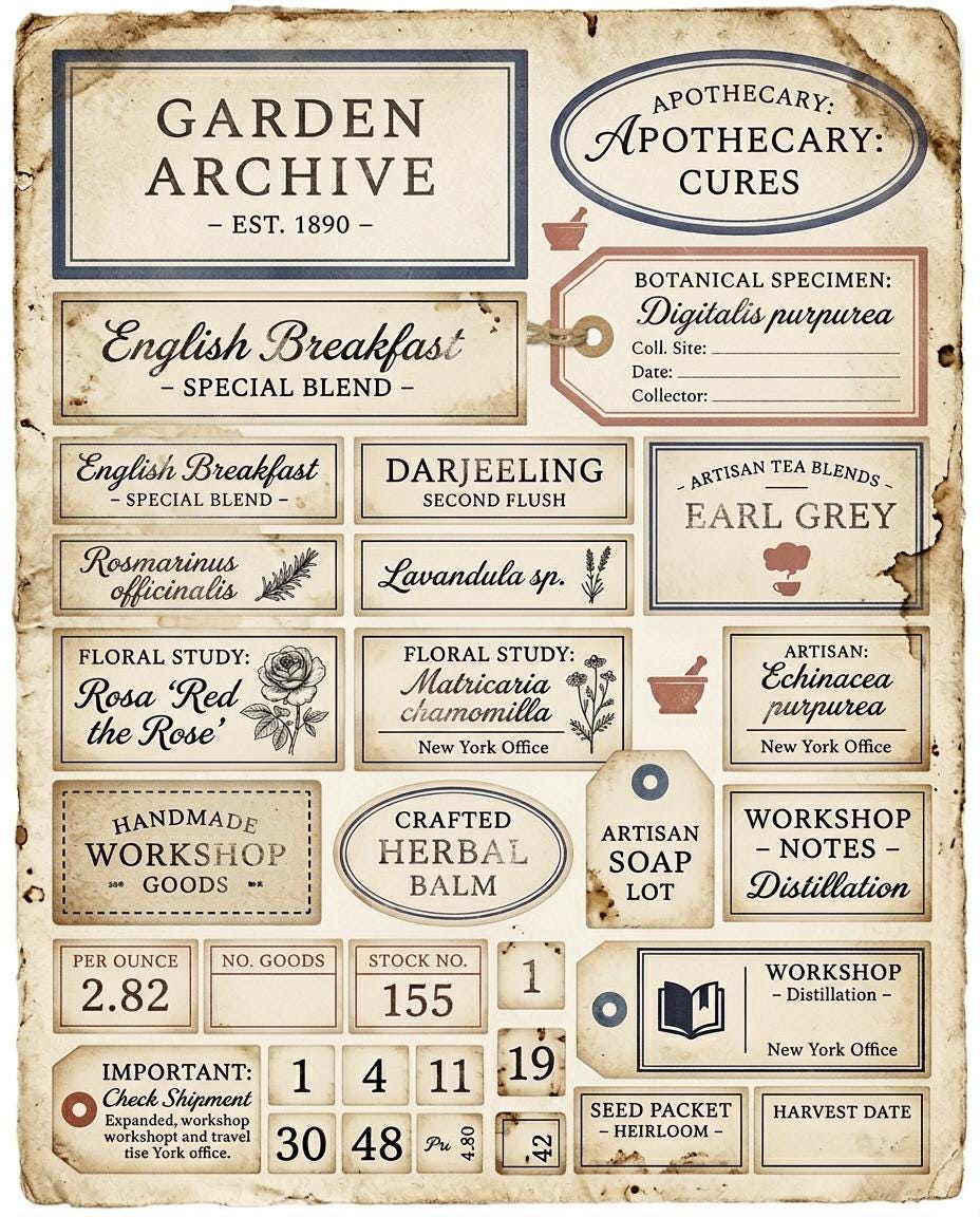 Vintage Apothecary Labels Printable Kit, Botanical Ephemera, Junk Journal Labels, Herbal Tags, Scrapbook Supplies, 6 Pages, 120+ Labels