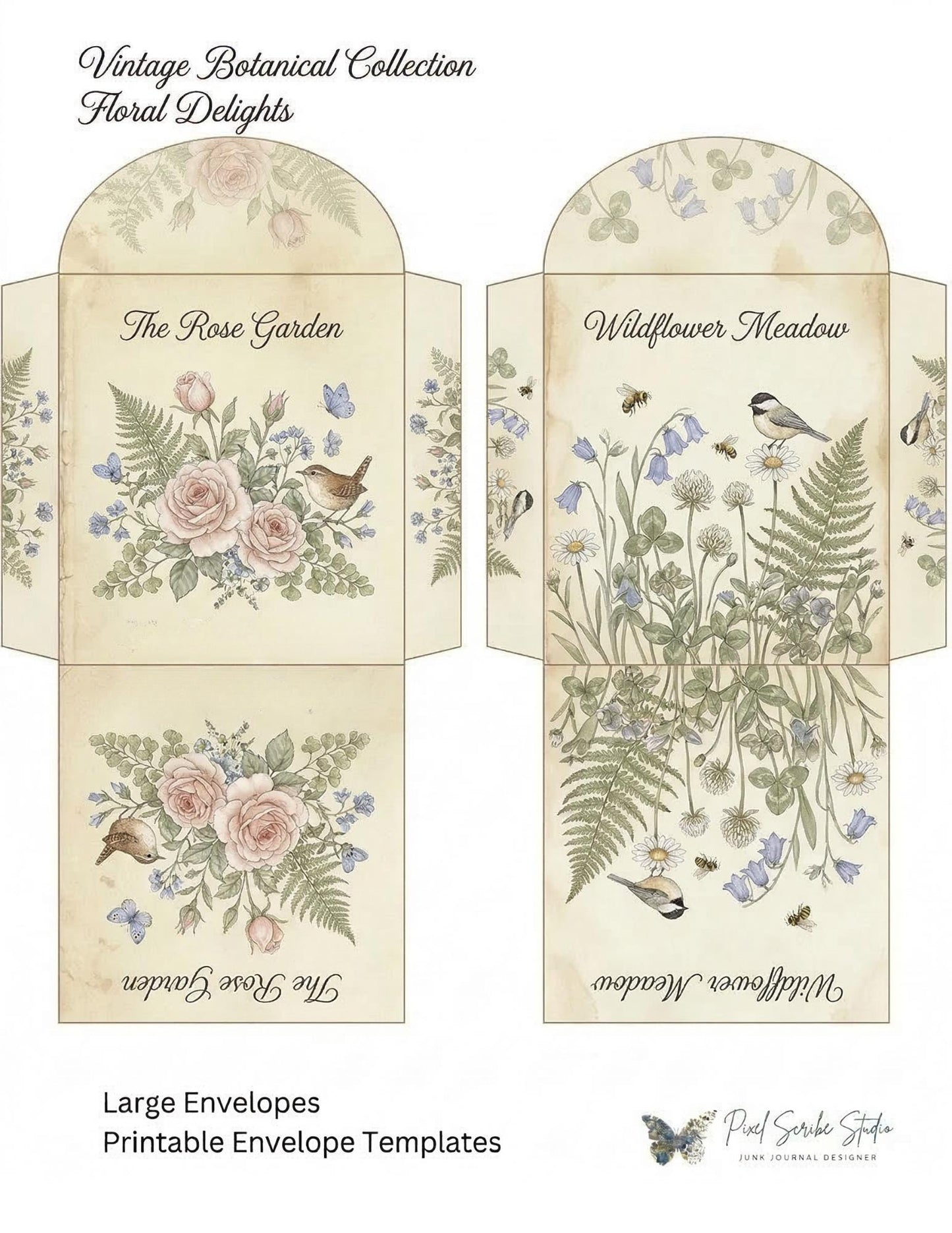 Botanical Tea Envelope Printable Set, Birds and Blooms Junk Journal Kit, Vintage Envelope Templates, Cottagecore Ephemera Download