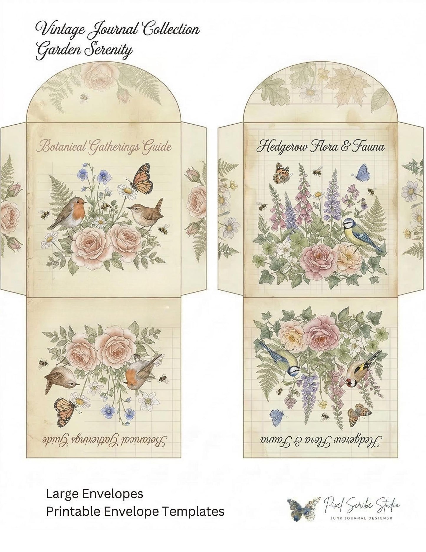 Botanical Tea Envelope Printable Set, Birds and Blooms Junk Journal Kit, Vintage Envelope Templates, Cottagecore Ephemera Download
