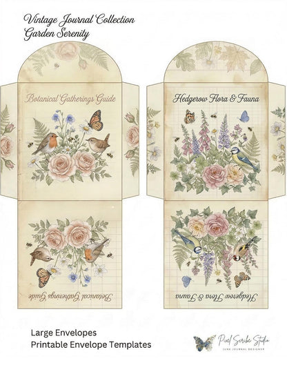 Botanical Tea Envelope Printable Set, Birds and Blooms Junk Journal Kit, Vintage Envelope Templates, Cottagecore Ephemera Download