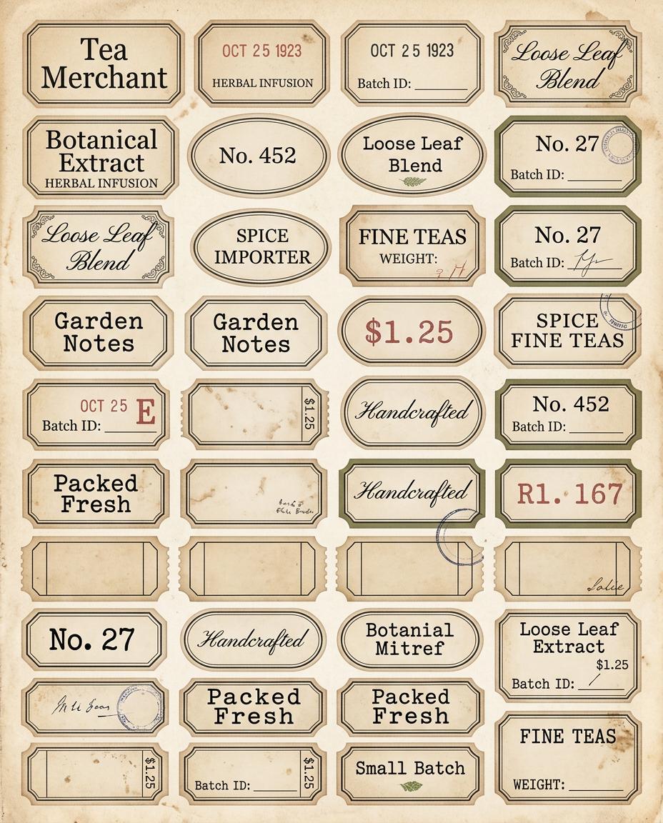 Vintage Tea Labels Printable – Tea Merchant Ephemera Kit – Herbal Blends, Loose Leaf Tags, Junk Journal, Scrapbook – 6 Sheets