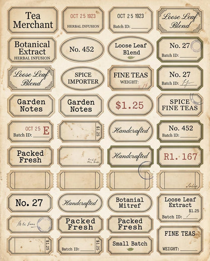 Vintage Tea Labels Printable – Tea Merchant Ephemera Kit – Herbal Blends, Loose Leaf Tags, Junk Journal, Scrapbook – 6 Sheets