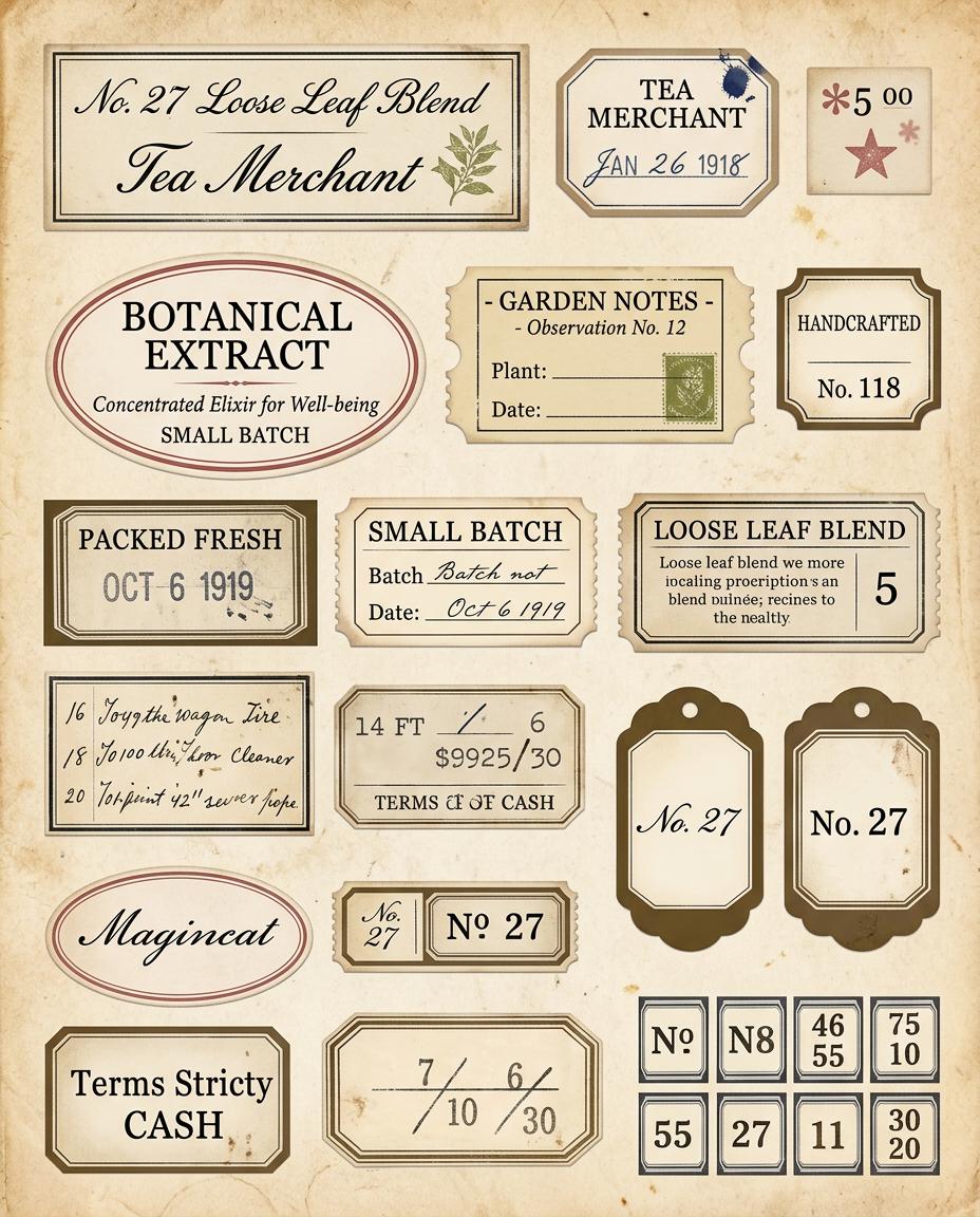 Vintage Tea Labels Printable – Tea Merchant Ephemera Kit – Herbal Blends, Loose Leaf Tags, Junk Journal, Scrapbook – 6 Sheets
