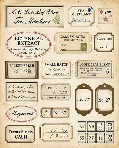 Vintage Tea Labels Printable – Tea Merchant Ephemera Kit – Herbal Blends, Loose Leaf Tags, Junk Journal, Scrapbook – 6 Sheets