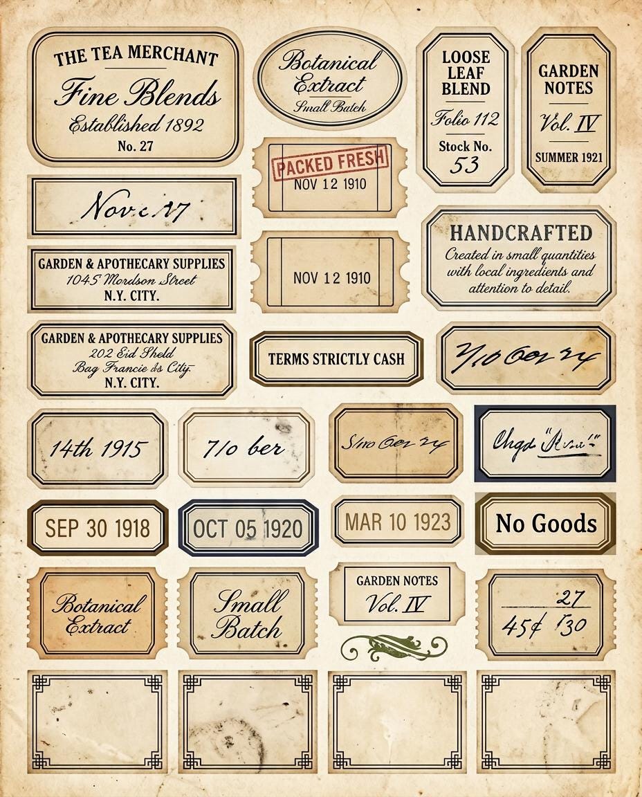 Vintage Tea Labels Printable – Tea Merchant Ephemera Kit – Herbal Blends, Loose Leaf Tags, Junk Journal, Scrapbook – 6 Sheets