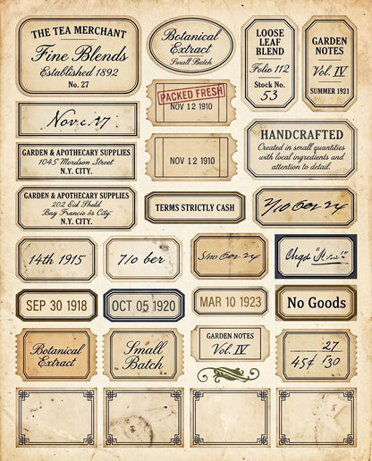 Vintage Tea Labels Printable – Tea Merchant Ephemera Kit – Herbal Blends, Loose Leaf Tags, Junk Journal, Scrapbook – 6 Sheets