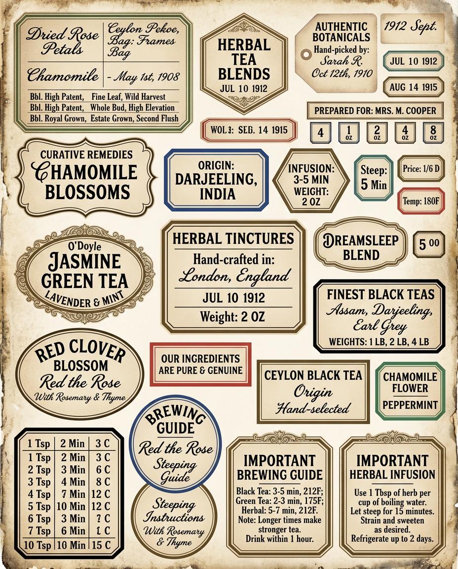 Vintage Tea Labels Printable – Tea Merchant Ephemera Kit – Herbal Blends, Loose Leaf Tags, Junk Journal, Scrapbook – 6 Sheets