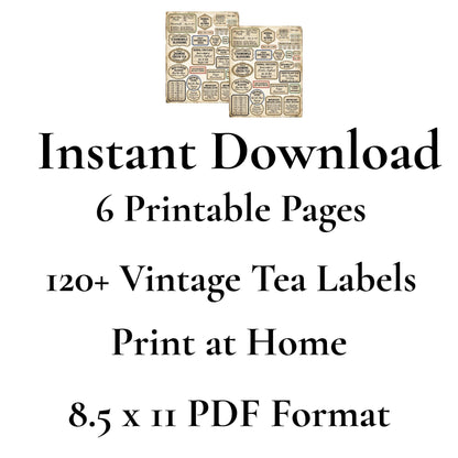 Vintage Tea Labels Printable – Tea Merchant Ephemera Kit – Herbal Blends, Loose Leaf Tags, Junk Journal, Scrapbook – 6 Sheets