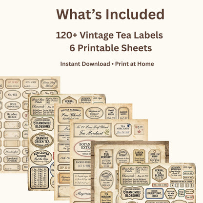 Vintage Tea Labels Printable – Tea Merchant Ephemera Kit – Herbal Blends, Loose Leaf Tags, Junk Journal, Scrapbook – 6 Sheets