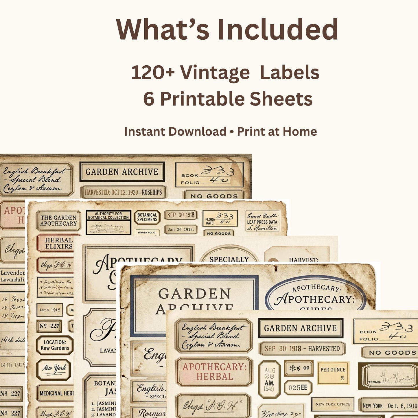 Vintage Apothecary Labels Printable Kit, Botanical Ephemera, Junk Journal Labels, Herbal Tags, Scrapbook Supplies, 6 Pages, 120+ Labels