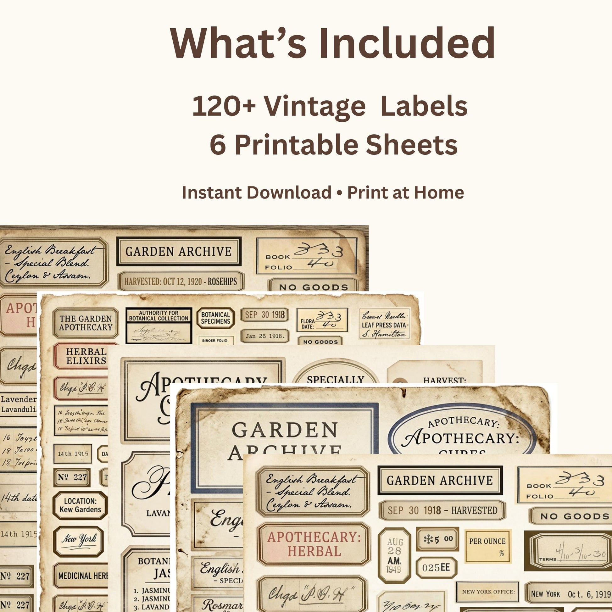 Vintage Apothecary Labels Printable Kit, Botanical Ephemera, Junk Journal Labels, Herbal Tags, Scrapbook Supplies, 6 Pages, 120+ Labels