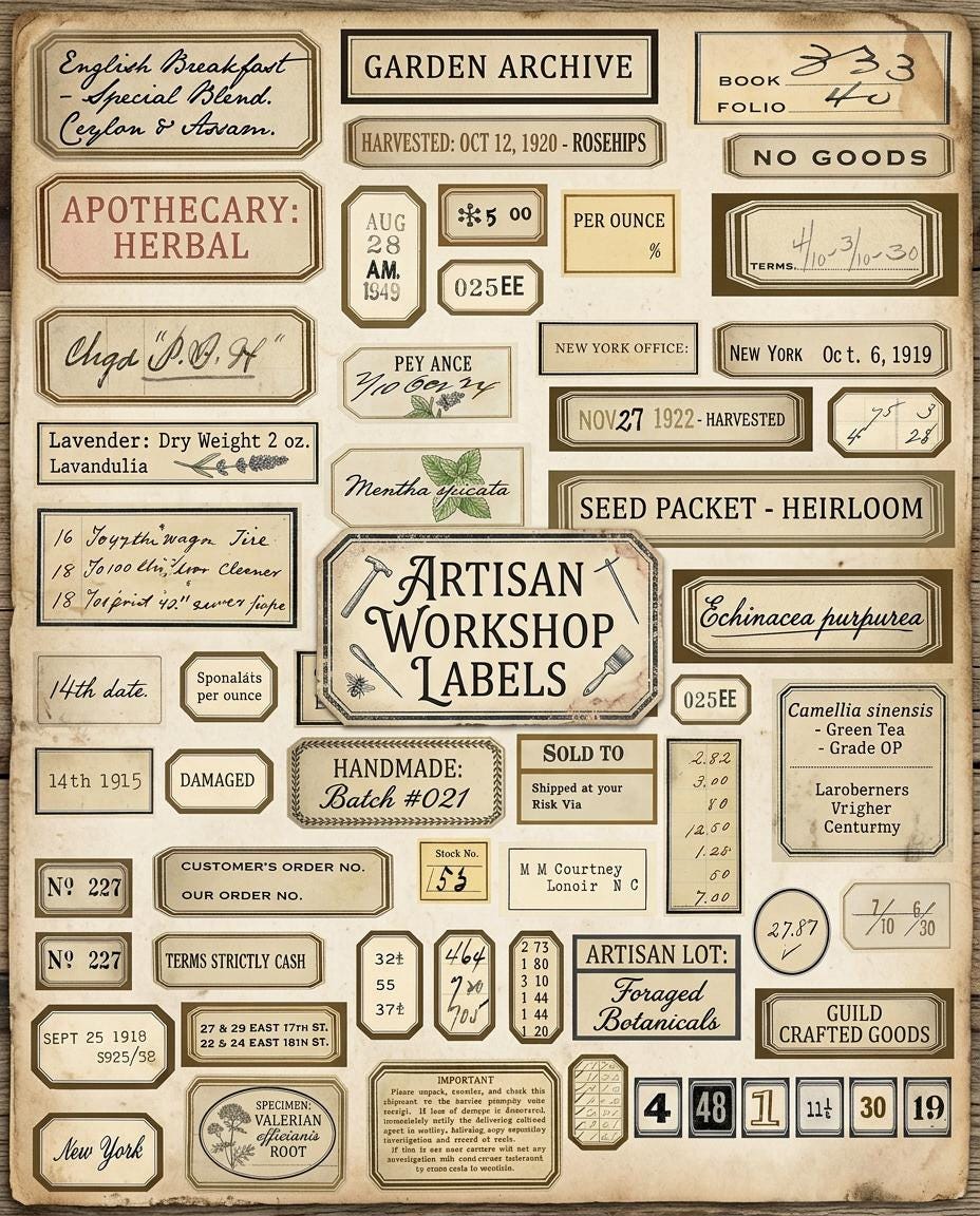 Vintage Apothecary Labels Printable Kit, Botanical Ephemera, Junk Journal Labels, Herbal Tags, Scrapbook Supplies, 6 Pages, 120+ Labels