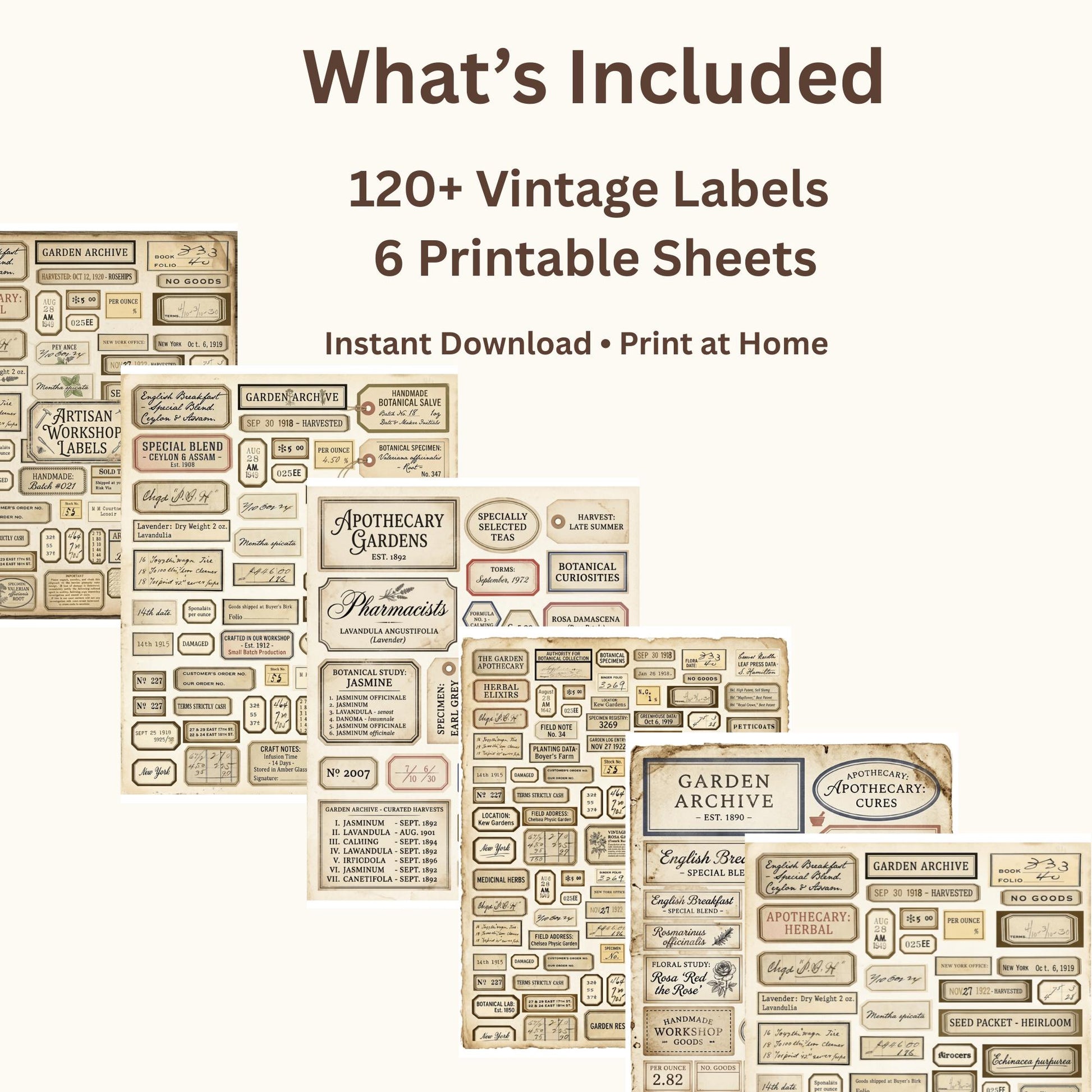Vintage Botanical Labels Printable | Junk Journal Labels Kit | Planner Labels | Collage Ephemera PDF, 6 Pages, 120+ Labels