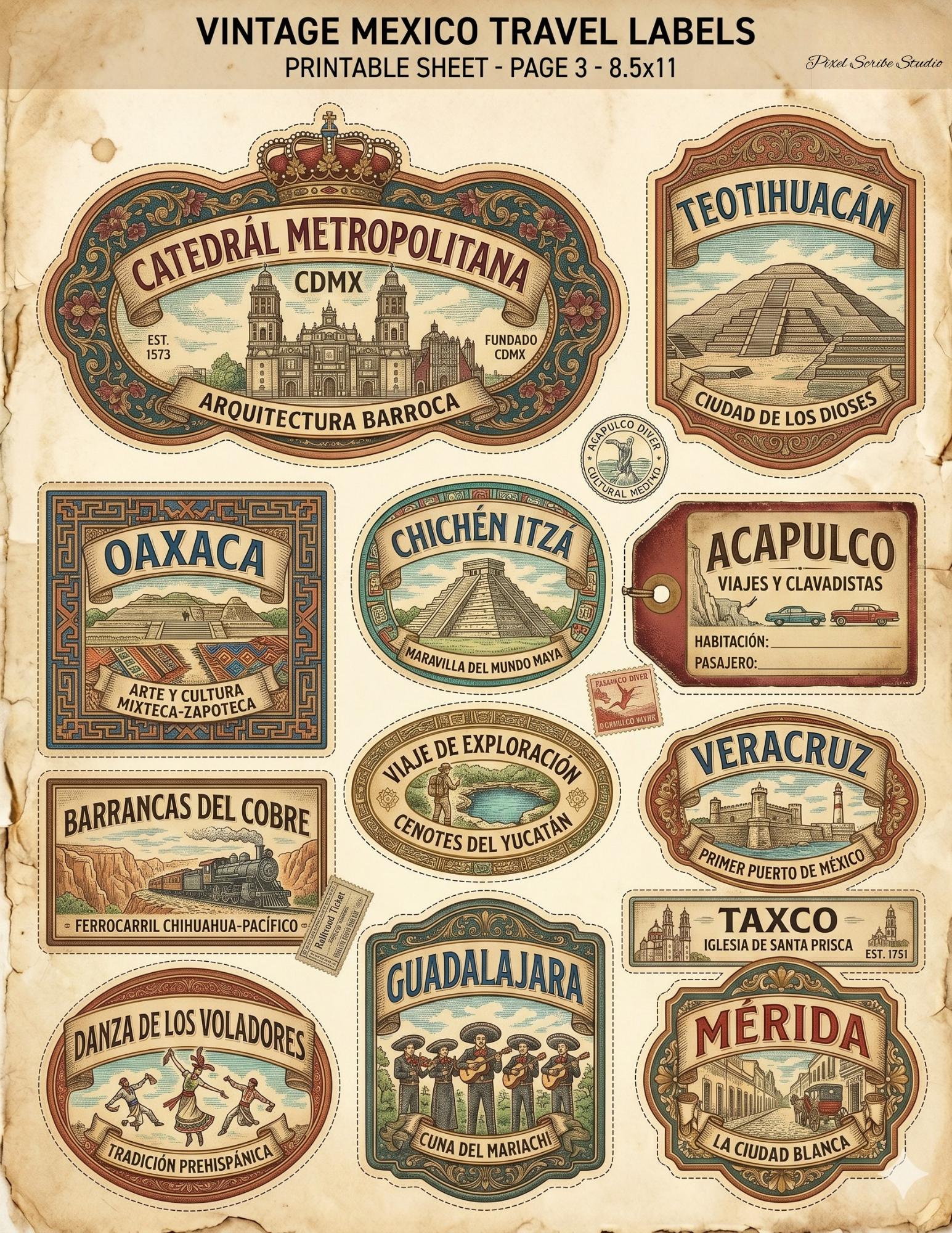 Vintage Mexico Travel Labels Printable, Junk Journal Ephemera, Mexico Labels Digital Download, Travel Journal Tags, Printable Collage Sheets
