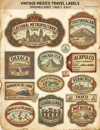 Vintage Mexico Travel Labels Printable, Junk Journal Ephemera, Mexico Labels Digital Download, Travel Journal Tags, Printable Collage Sheets