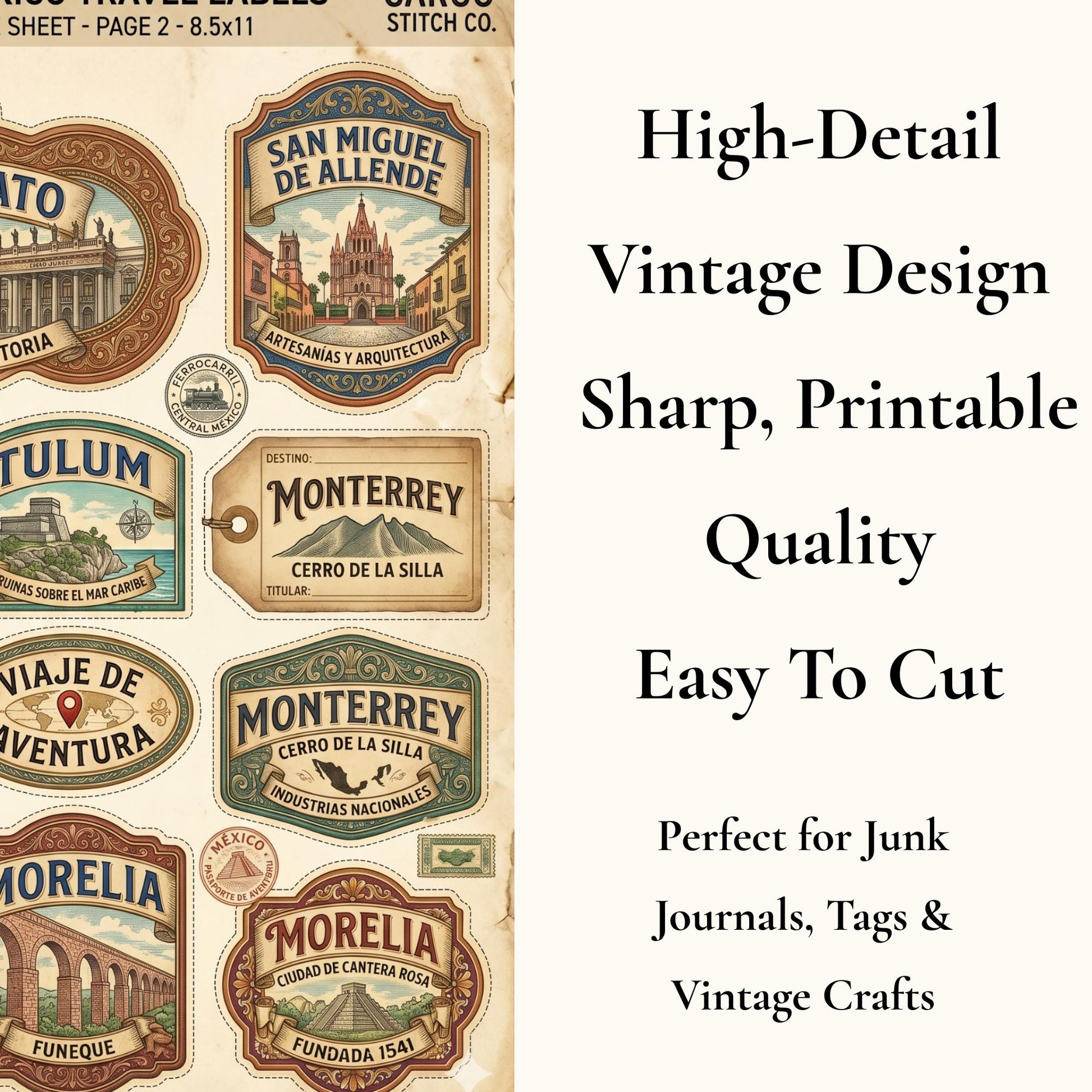 Vintage Mexico Travel Labels Printable, Junk Journal Ephemera, Mexico Labels Digital Download, Travel Journal Tags, Printable Collage Sheets