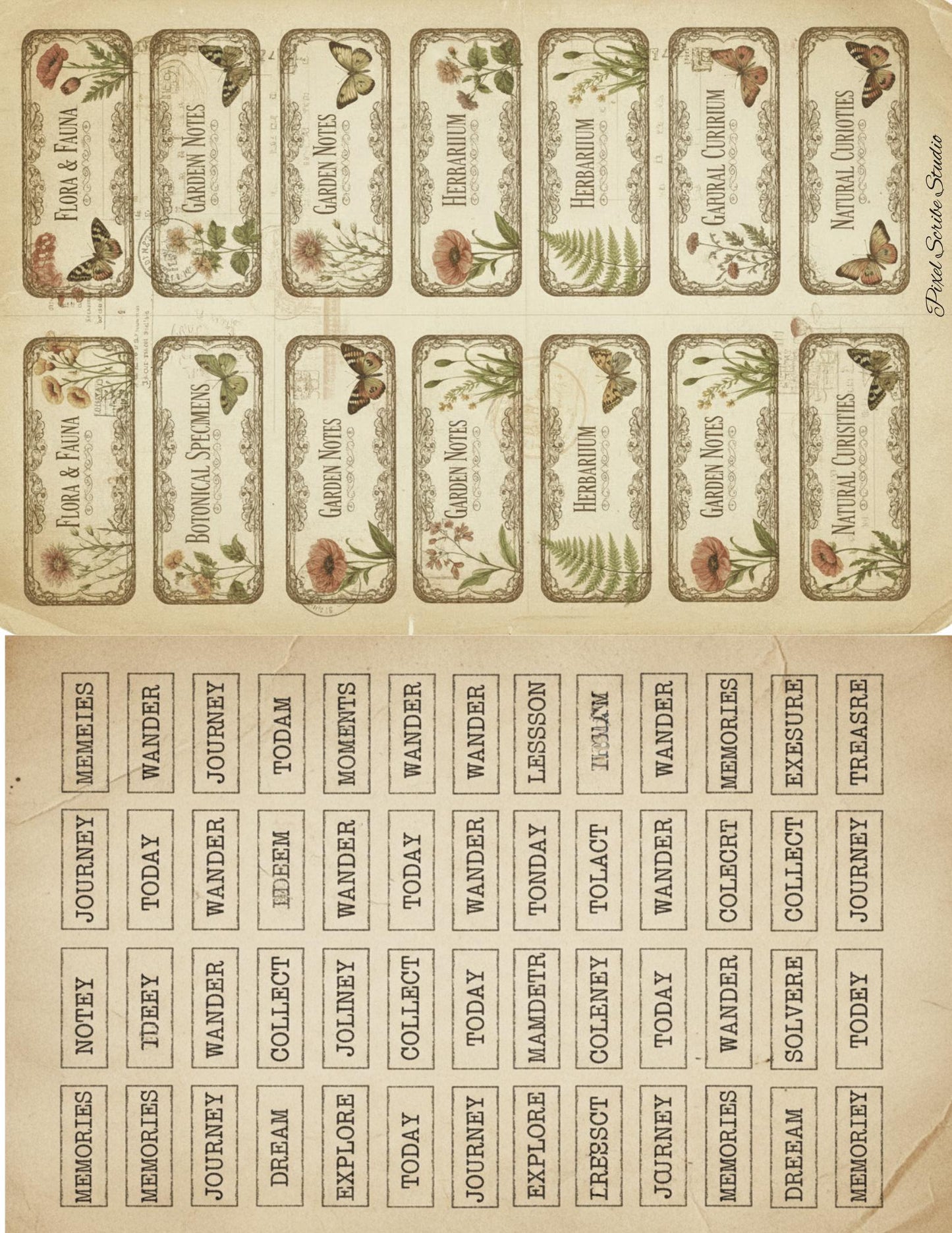 Vintage Junk Journal Word Labels Printable, 190+ Pieces, Typewriter Labels, Botanical Tabs, Neutral Ephemera, 2 Page Digital Download