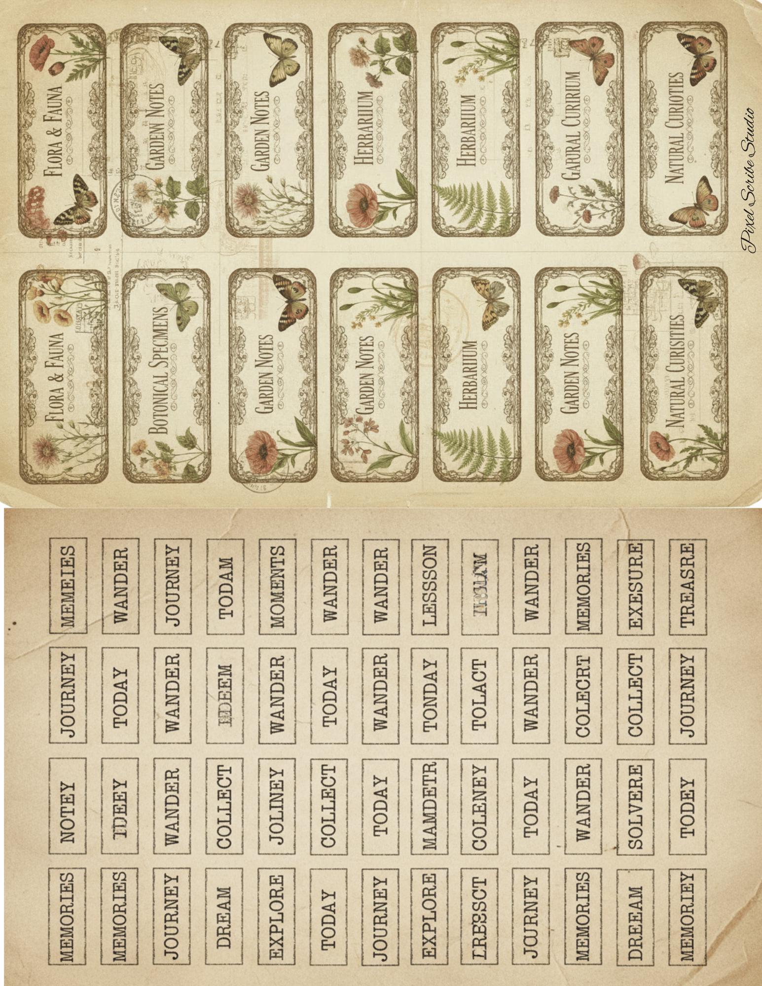 Vintage Junk Journal Word Labels Printable, 190+ Pieces, Typewriter Labels, Botanical Tabs, Neutral Ephemera, 2 Page Digital Download