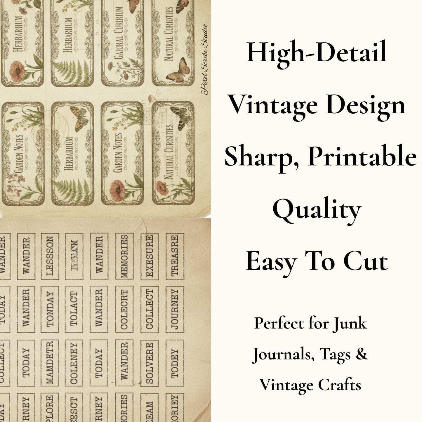Vintage Junk Journal Word Labels Printable, 190+ Pieces, Typewriter Labels, Botanical Tabs, Neutral Ephemera, 2 Page Digital Download