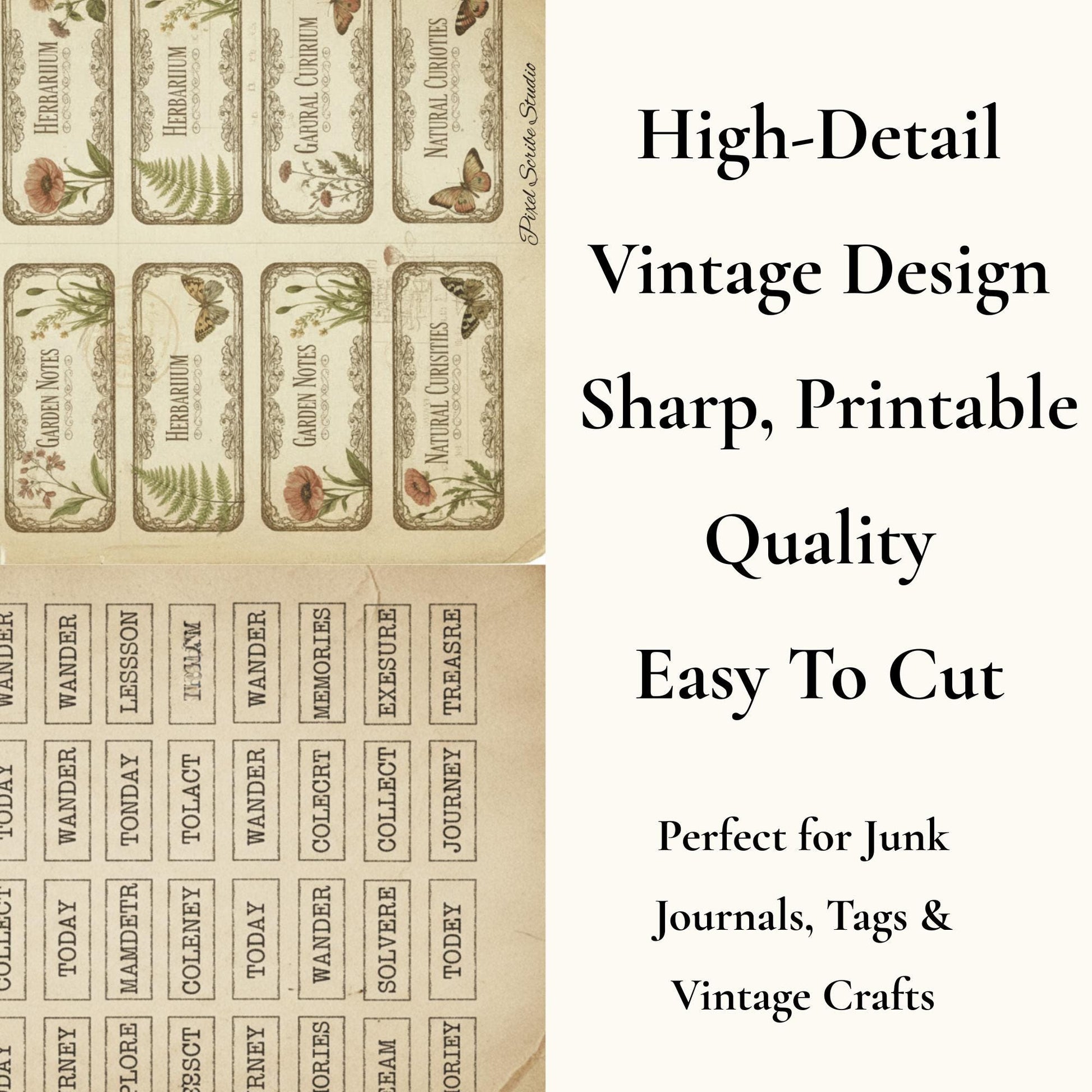 Vintage Junk Journal Word Labels Printable, 190+ Pieces, Typewriter Labels, Botanical Tabs, Neutral Ephemera, 2 Page Digital Download