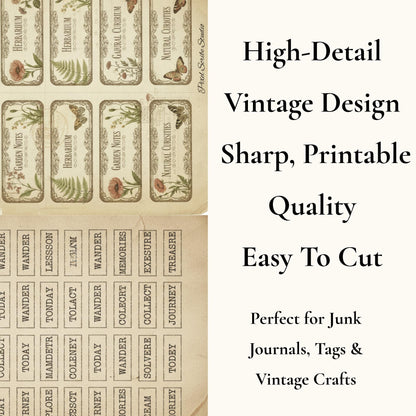 Vintage Junk Journal Word Labels Printable, 190+ Pieces, Typewriter Labels, Botanical Tabs, Neutral Ephemera, 2 Page Digital Download
