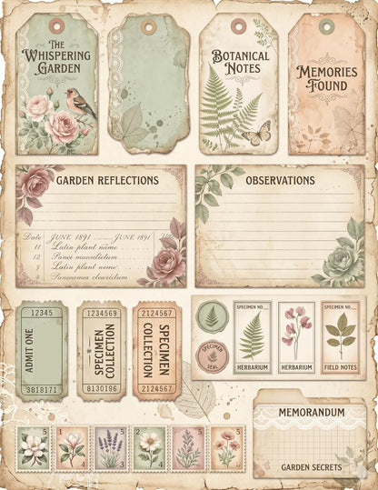 Botanical Field Notes – Whispering Garden Ephemera Collection (33 Pieces) | Faith Junk Journal Kit | Vintage Botanical Tags & Cards