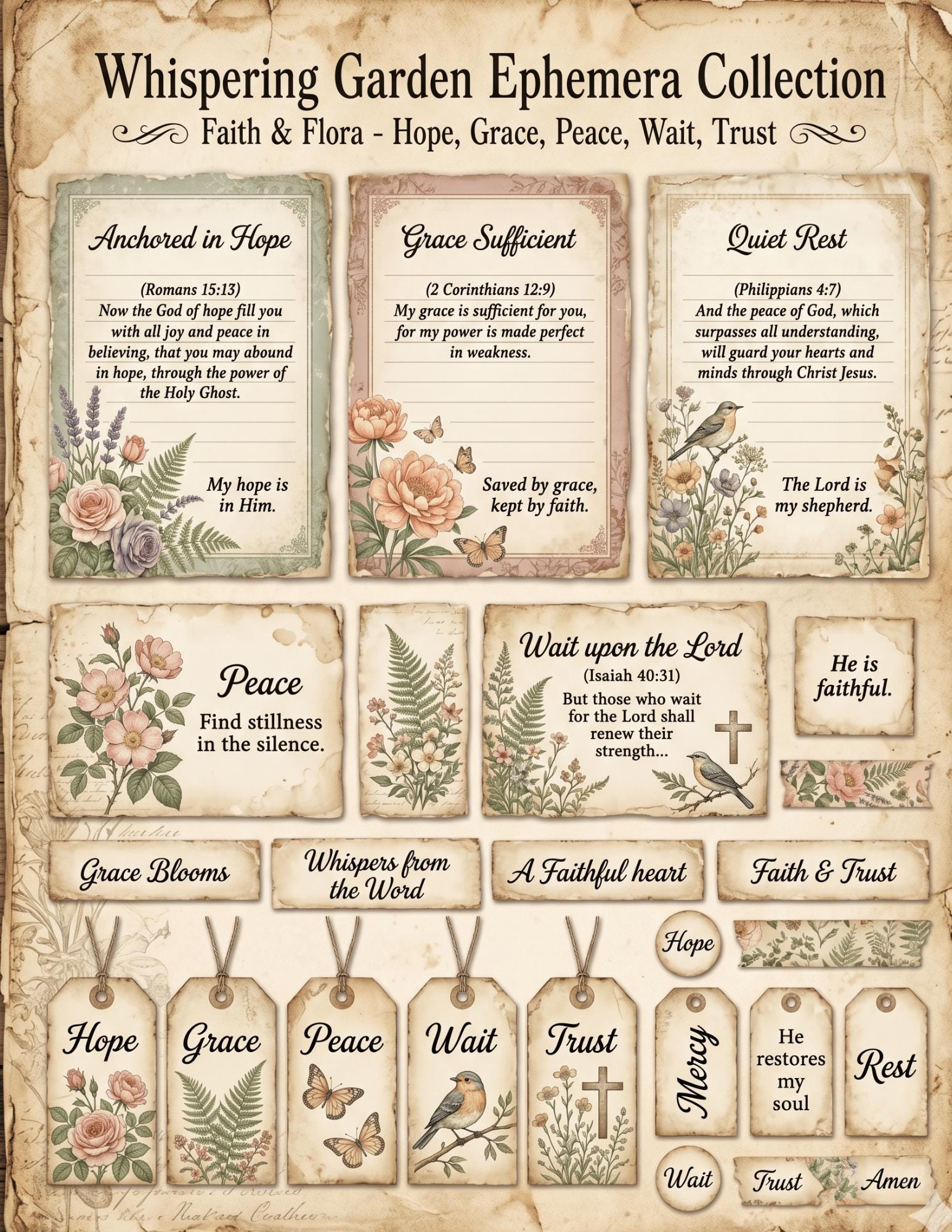 Botanical Field Notes – Whispering Garden Ephemera Collection (33 Pieces) | Faith Junk Journal Kit | Vintage Botanical Tags & Cards