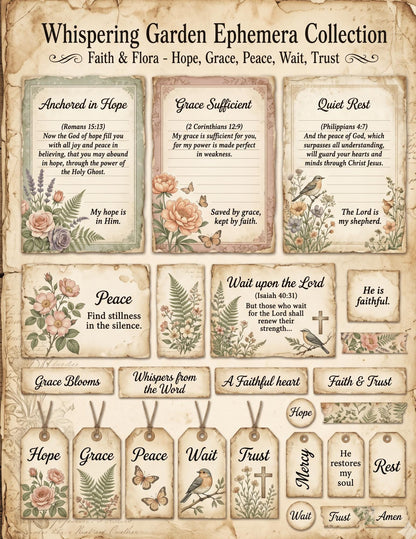 Botanical Field Notes – Whispering Garden Ephemera Collection (33 Pieces) | Faith Junk Journal Kit | Vintage Botanical Tags & Cards