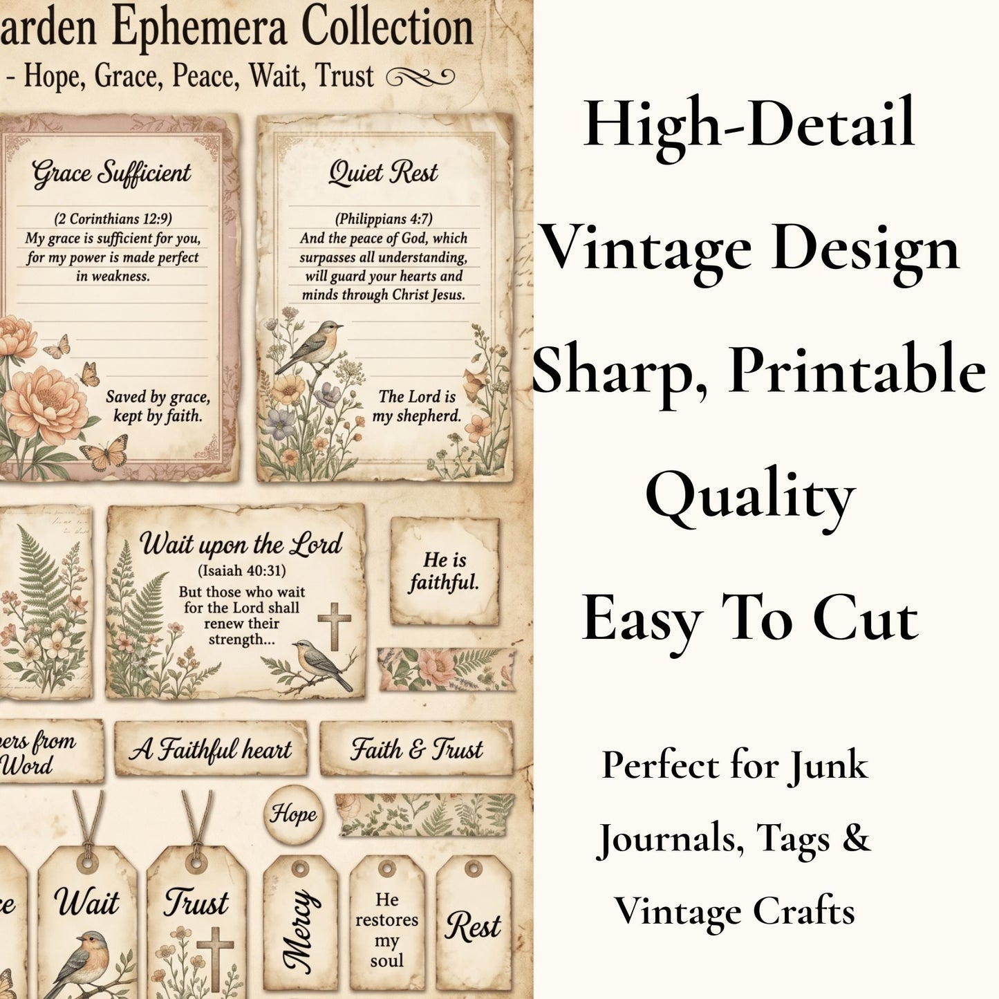 Botanical Field Notes – Whispering Garden Ephemera Collection (33 Pieces) | Faith Junk Journal Kit | Vintage Botanical Tags & Cards