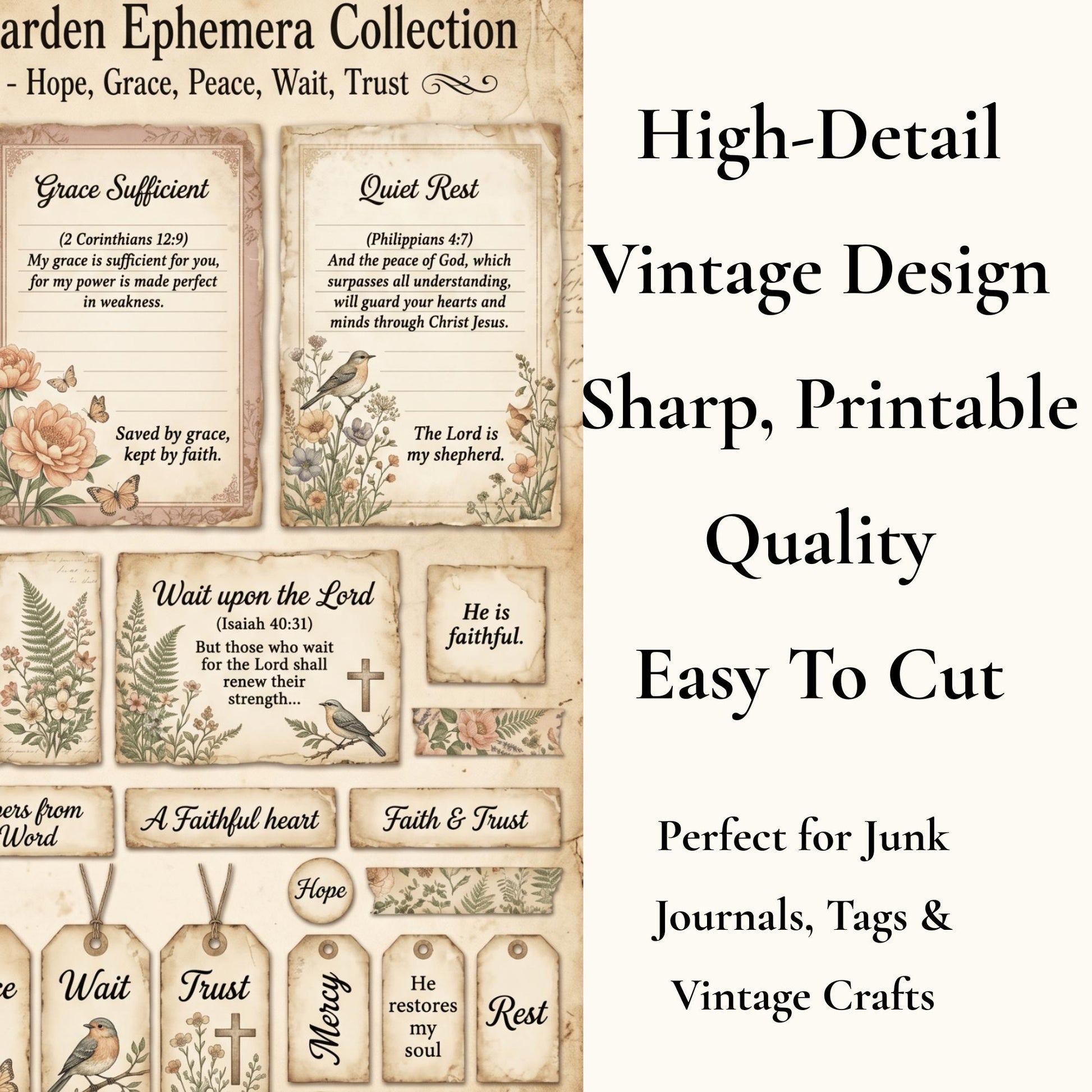 Botanical Field Notes – Whispering Garden Ephemera Collection (33 Pieces) | Faith Junk Journal Kit | Vintage Botanical Tags & Cards