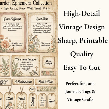 Botanical Field Notes – Whispering Garden Ephemera Collection (33 Pieces) | Faith Junk Journal Kit | Vintage Botanical Tags & Cards