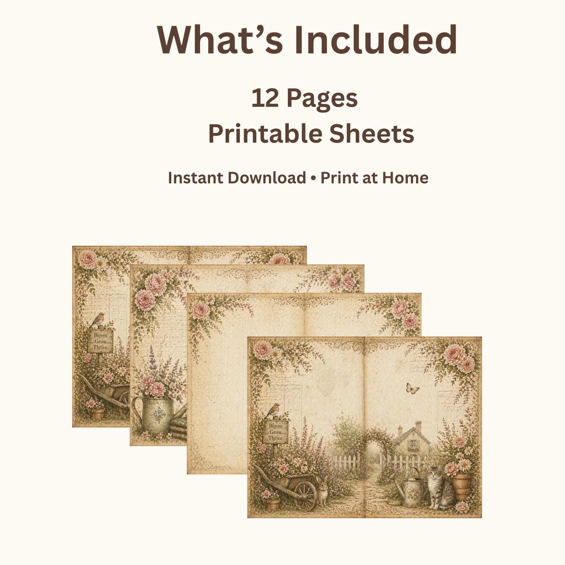Botanical Field Notes – Journal Pages Set (12 Pages) | Vintage Floral Junk Journal Pages | Garden Papers Printable | Instant Download