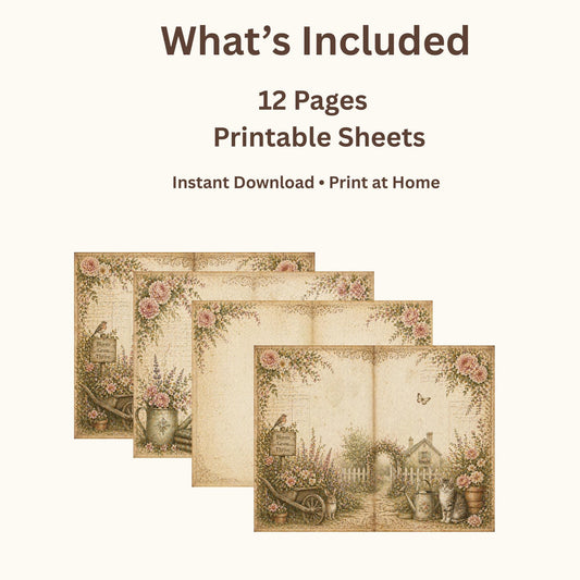 Botanical Field Notes – Journal Pages Set (12 Pages) | Vintage Floral Junk Journal Pages | Garden Papers Printable | Instant Download