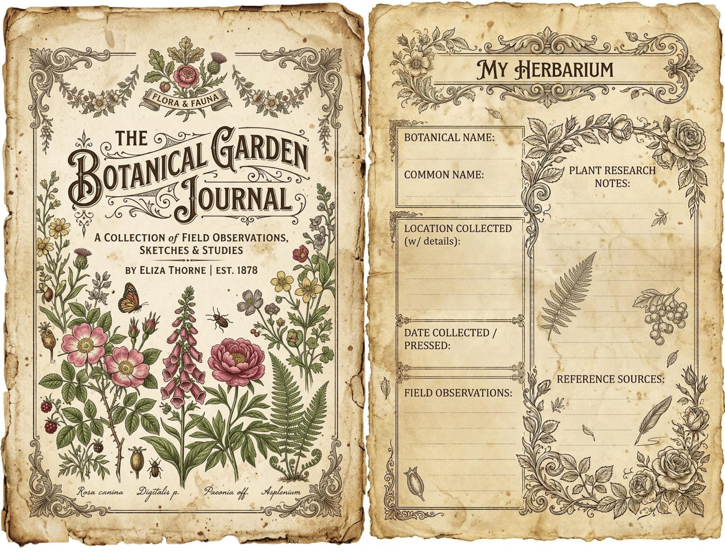 Victorian Naturalist Junk Journal Kit | Botanical Field Notes Printable | Vintage Ephemera Journal Pages | Instant Download Digital Kit