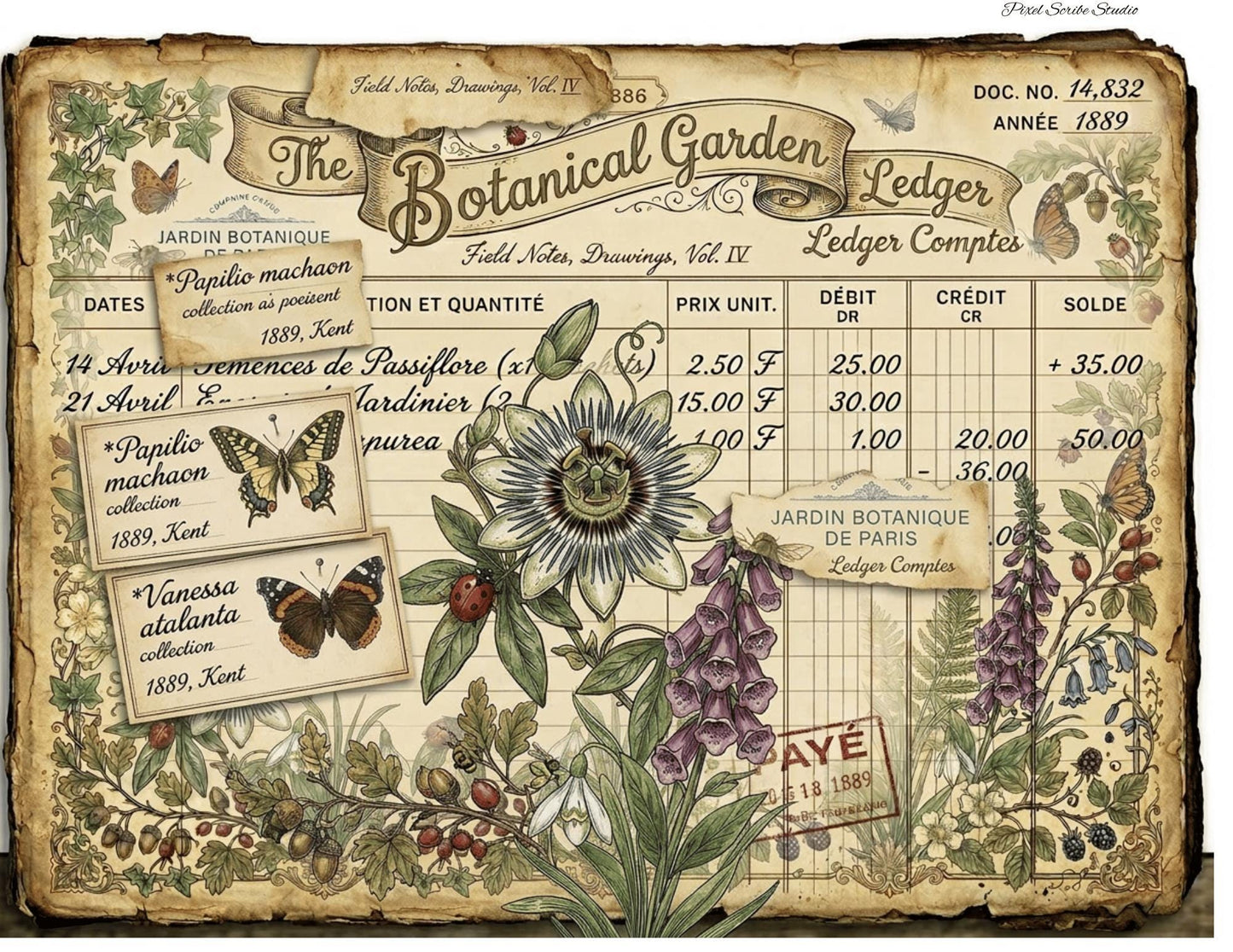 Vintage Botanical Bird Journal Pages Printable | Robin Blue Tit Nature Ephemera | Bee Butterfly Ledger Pages | Digital Download