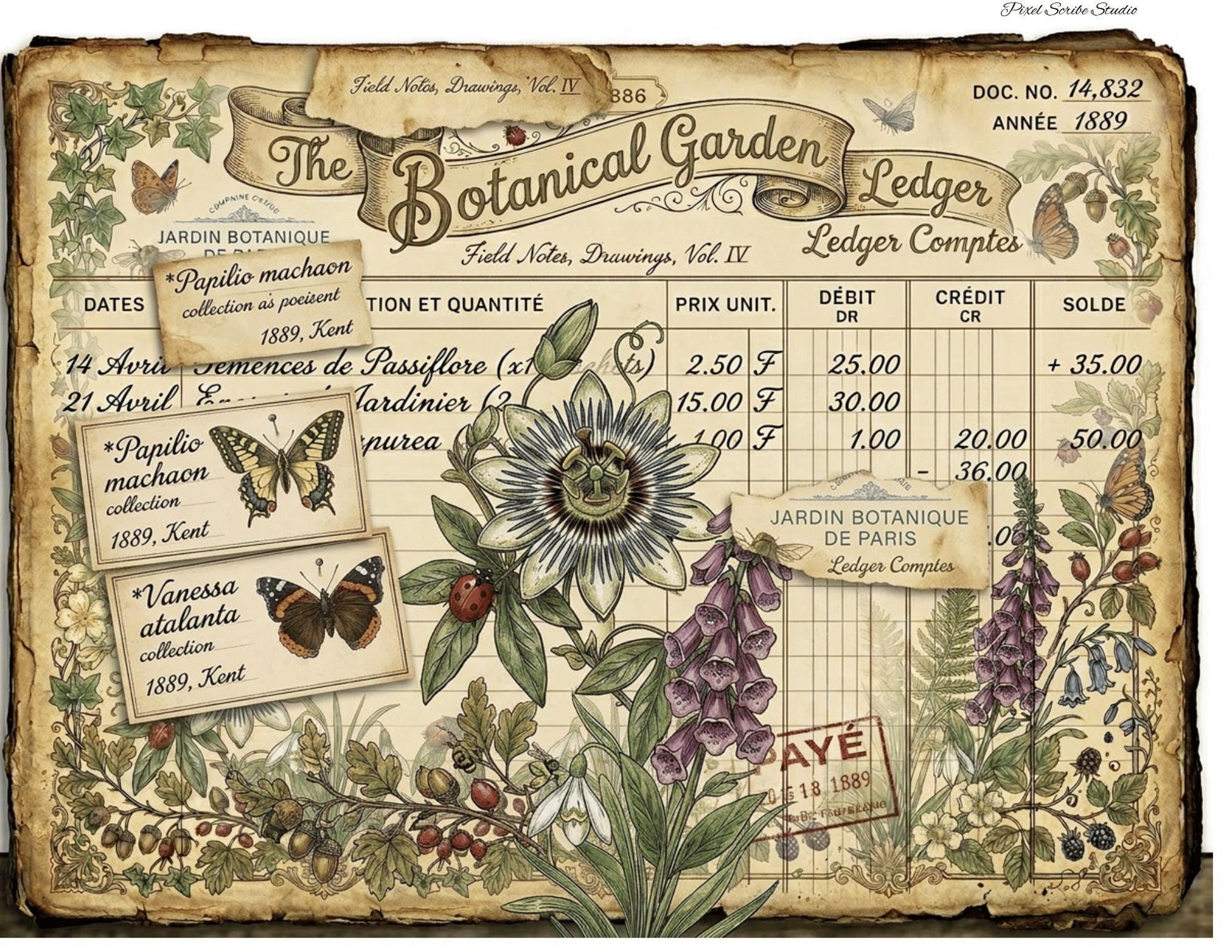 Vintage Botanical Bird Journal Pages Printable | Robin Blue Tit Nature Ephemera | Bee Butterfly Ledger Pages | Digital Download